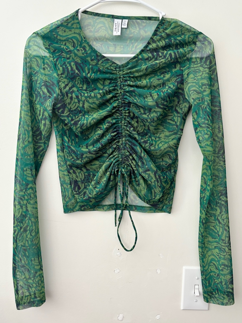 & Other Stories Green Printed Ruched Mesh Long Sleeve Top